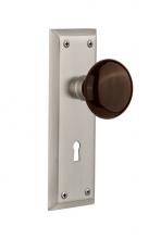 Nostalgic Warehouse 710808 - Nostalgic Warehouse New York Plate with Keyhole Privacy Brown Porcelain Door Knob in Satin Nickel