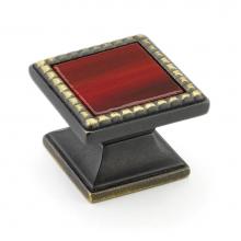 Schaub and Company 21-ABZ-SC - Knob, Square, Ancient Bronze, Scarlet Glass, 1-1/4'' dia